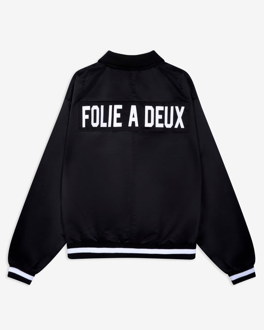 Folie A Deux ‘Archived’ Quarter Zip Varsity Jacket in Black